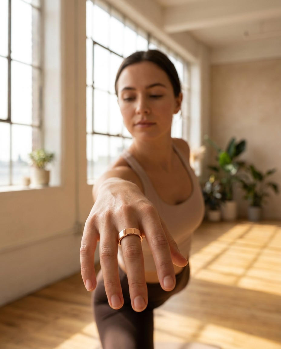 Woman doing yoga wearing the rose gold Smart Health Ring